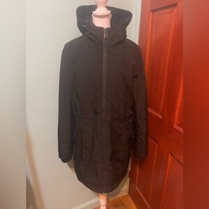 Calvin Klein Hooded Black Parka with cinched waist. Size Large.